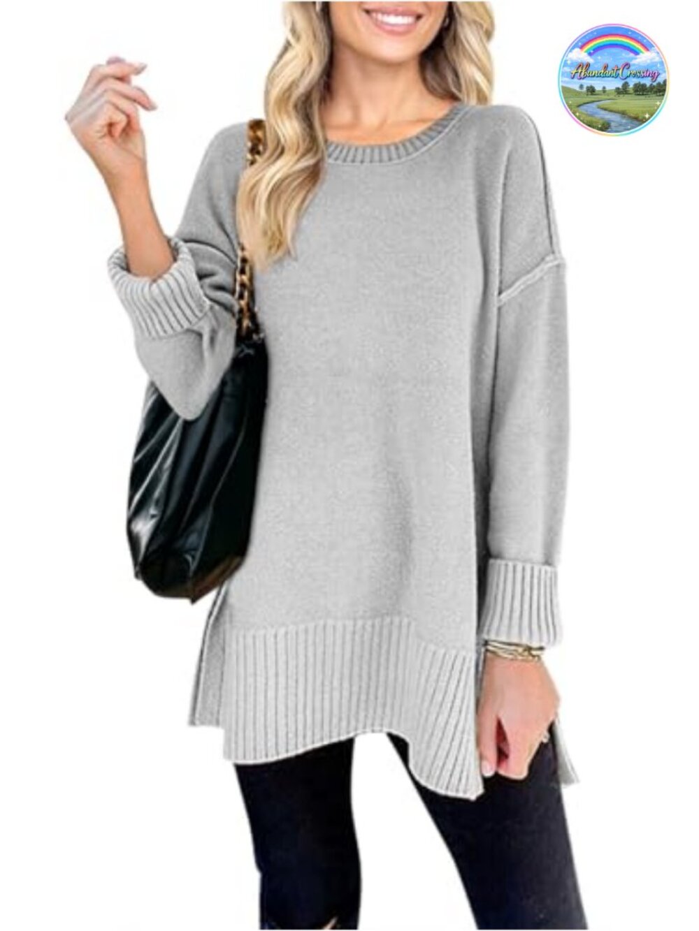Oversized Tunic Pullover Sweater Lightweight Crew Neck Drop Shoulder Women's
